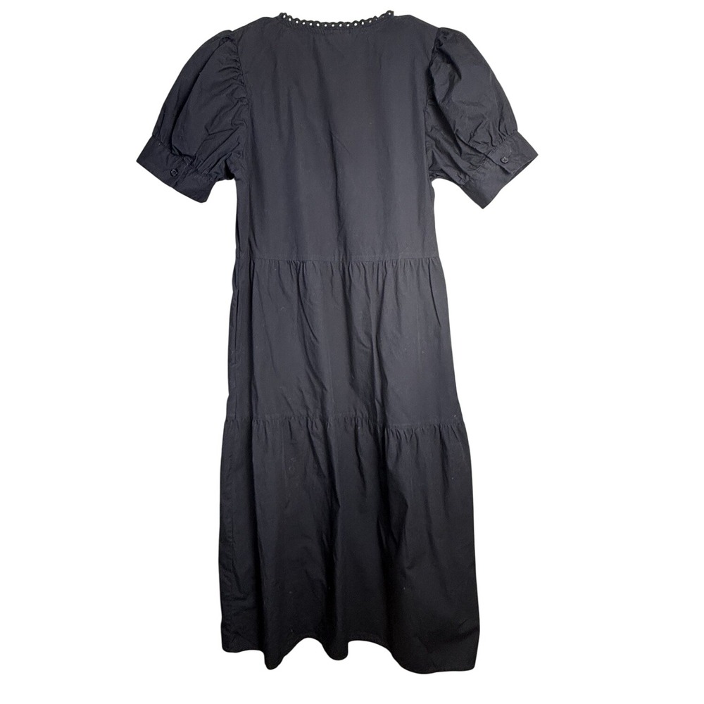 WHO WHAT WEAR Black Tiered Dress‎ Cotton Pockets Puff Sleeve Crochet Neck SMALL - Picture 4 of 6